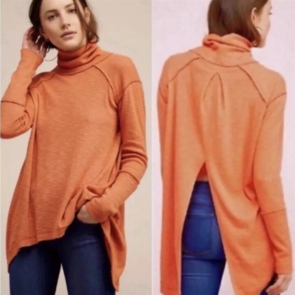 Free People Slub Knit Turtleneck Top High Low Hem Split Back SZ S Orange